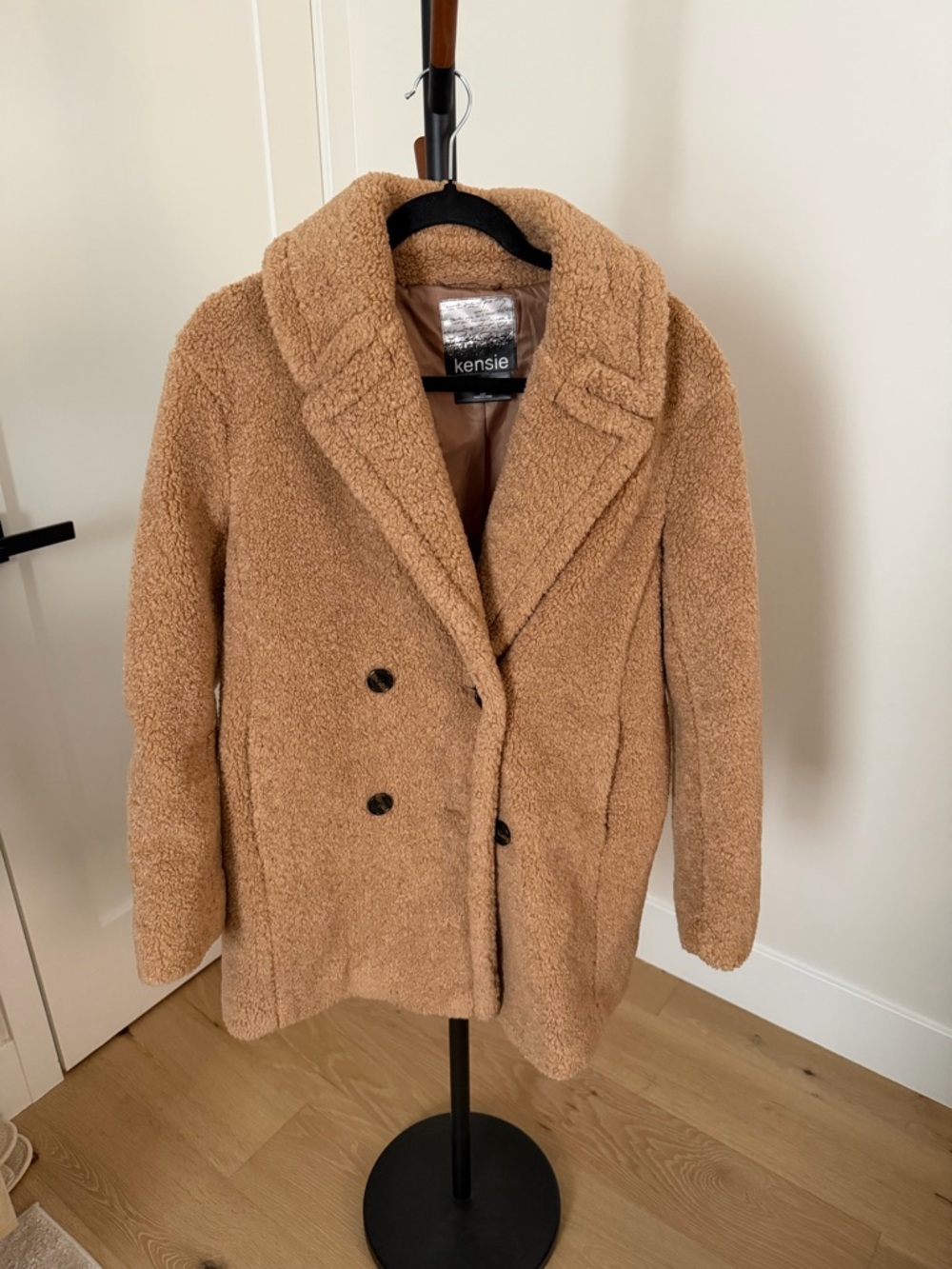 Kensie Tan Teddy Double-Breasted Peacoat in S